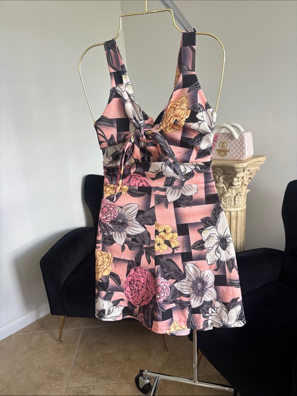 Floral Tie-Front Pink & Black Sleeveless Romper